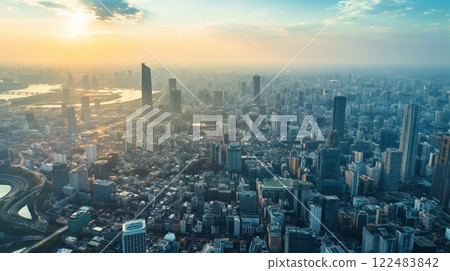 Breathtaking aerial view of a cityscape at sunrise with towering skyscrapers, illuminated business district, and the morning ambiance from a high angle shot over the metropolitan area 122483842