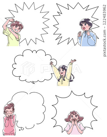 Set of comic-style character illustrations with speech bubbles Set of comic-style character illustrations with speech bubbles 122483962