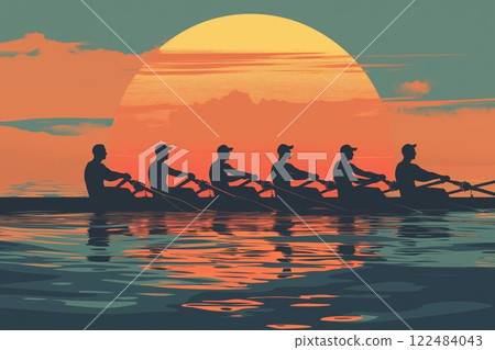 Minimalist illustration of rowers in sync on tranquil waters against a vivid sunset backdrop 122484043