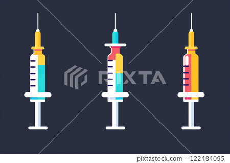 Set of three flat design syringe icons with vibrant gradients on a dark background, representing medical themes 122484095