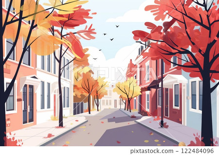Cozy, minimalist illustration capturing a treelined residential street on a peaceful autumn day with colorful foliage and flying birds 122484096