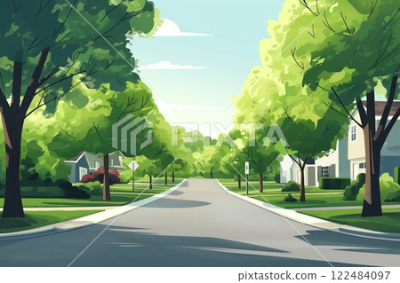 Minimalist illustration of a tranquil, treelined suburban street with clear skies, perfect for residential or neighborhood themed visual content Minimalist illustration of a tranquil, treelined suburban street with clear skies, perfect for residential or neighborhood themed visual content 122484097
