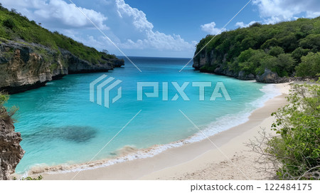 Tranquil and serene secluded beach cove paradise with turquoise water. Lush greenery. And pristine sandy beach Tranquil and serene secluded beach cove paradise with turquoise water. Lush greenery. And pristine sandy beach 122484175