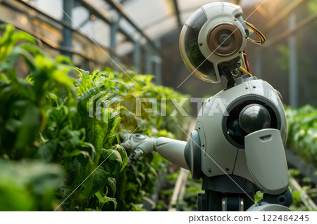 Robot tends to genetically modified plants in a modern greenhouse agritech setting 122484245