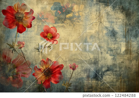 Aged vintage textured floral background with red flowers and artistic nostalgic overlay, grunge wallpaper, botanical decoration, and rustic design pattern 122484288