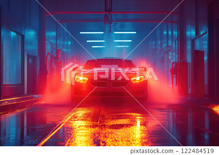 Car wash with high pressure water and foam. 122484519