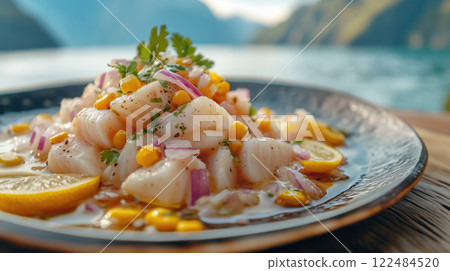 Fresh ceviche dish served outdoors with stunning water and mountain backdrop during bright sunny day 122484520