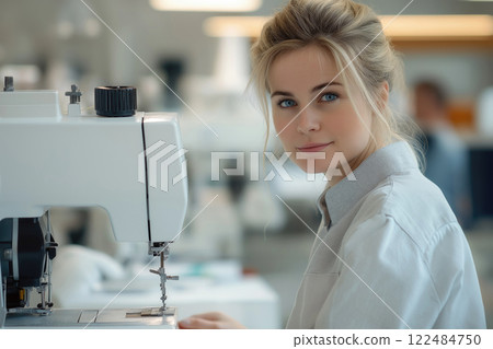 woman sewing on a modern sewing machine in tailor studio 122484750