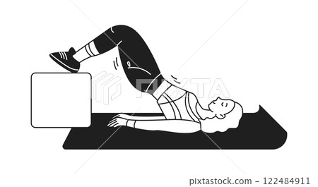 Woman athlete performs bridge exercise using box linear icon 122484911