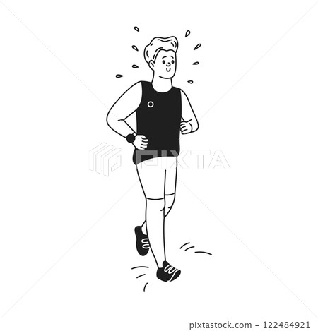 Young sportsman in shorts runs in morning linear icon 122484921