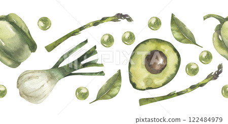 Green vegetables seamless border with shallot onion, avocado, pepper, asparagus and bay leaves. Watercolor vegetarian food banner, healthy eco eating clipart for kitchen textile, fabric design Green vegetables seamless border with shallot onion, avocado, pepper, asparagus and bay leaves. Watercolor vegetarian food banner, healthy eco eating clipart for kitchen textile, fabric design 122484979