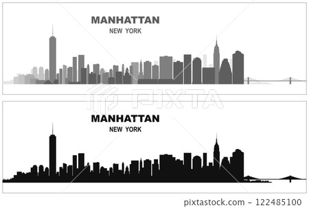 Layered editable vector illustration silhouette of Manhattan, New York City, USA, each building is on a separate layer. 122485100