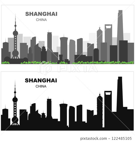 Layered editable vector illustration sihouette of Shanghai,China, each building is on a separate layer 122485105