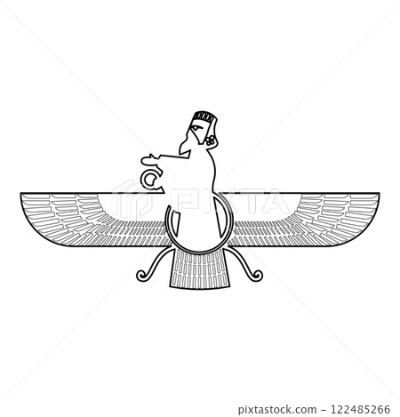 Zoroastrism religion Faravahar Zorostrian symbol Parsi contour outline line icon black color vector illustration image thin flat style 122485266