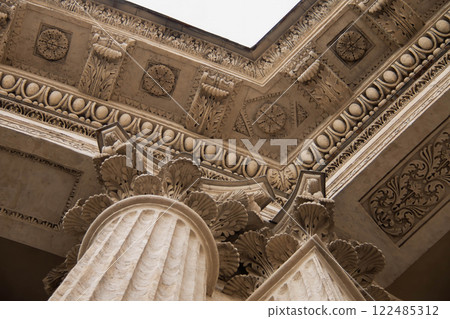 Historic Architectural Elements Ornate Stone Corinthian Fluted Columns and an intricately decorated leafy ceiling cornice ornament, showcasing Architecture Kazan Cathedral St. Petersburg Historic Architectural Elements Ornate Stone Corinthian Fluted Columns and an intricately decorated leafy ceiling cornice ornament, showcasing Architecture Kazan Cathedral St. Petersburg 122485312