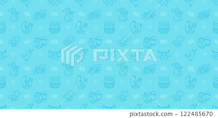 Easter hand-drawn doodle seamless pattern. Cute monochrome spring symbols chickens, rabbits, eggs and flowers 122485670