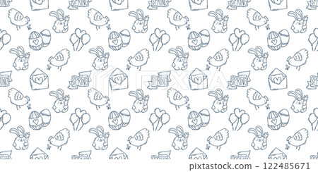 Easter hand-drawn engraving doodle seamless pattern. Cute black and white spring symbols with double strokes chickens, rabbits, eggs and flowers 122485671