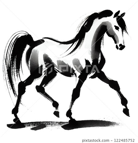 水墨畫風格的插圖，描繪的是一匹有力行走的馬 122485752