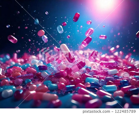 Many capsules of medicine with a transparent, jelly-like shine 122485789