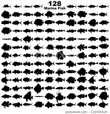 Layered editable vector illustration silhouette of 128 marine fishes. Layered editable vector illustration silhouette of 128 marine fishes. 122485820