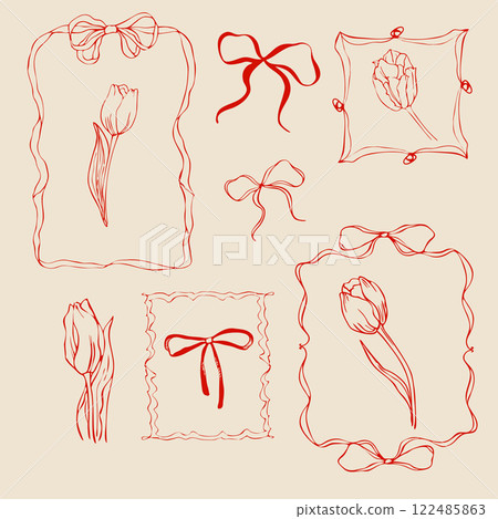 set of bows and tulips. vector doodles isolated elements 122485863