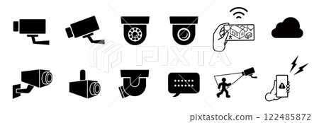 安全攝影機圖示集。圖示為一個人正在用智慧型手機檢查入侵者的錄影。安全 122485872