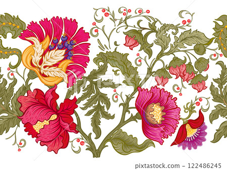Fantasy flowers in retro, vintage, jacobean embroidery style. Fantasy flowers in retro, vintage, jacobean embroidery style. 122486245