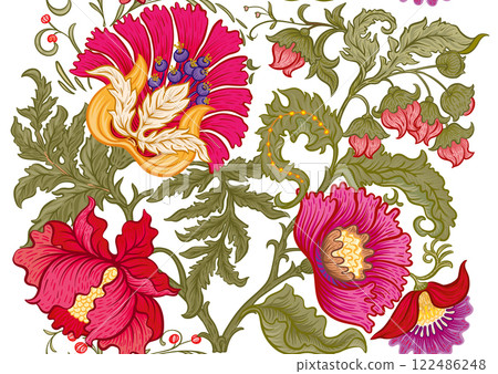 Fantasy flowers in retro, vintage, jacobean embroidery style. Fantasy flowers in retro, vintage, jacobean embroidery style. 122486248