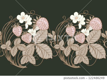 Strawberry. Branch with berries, leaves and flowers Strawberry. Branch with berries, leaves and flowers 122486249