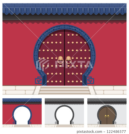 Layered editable vector illustration of a gate on the wall with ancient Chinese traditional style. 122486377