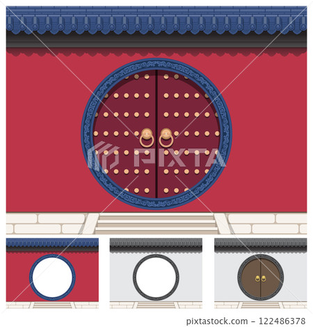 Layered editable vector illustration of a gate on the wall with ancient Chinese traditional style. Layered editable vector illustration of a gate on the wall with ancient Chinese traditional style. 122486378