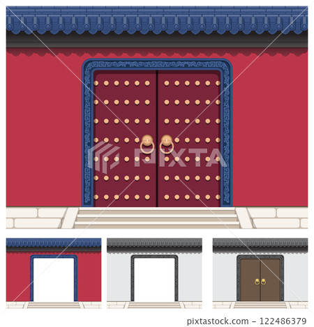 Layered editable vector illustration of a gate on the wall with ancient Chinese traditional style. 122486379