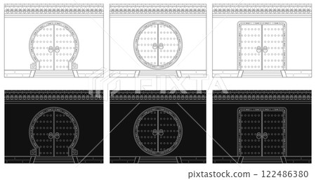 Layered editable vector illustration silhouette of a gate on the wall with ancient Chinese traditional style. 122486380