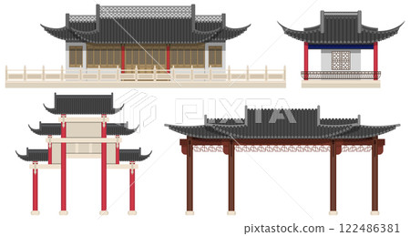 Layered editable vector illustration collection of Chinese traditional style buildings including houses, pavilions, archways. 122486381
