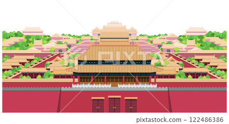 Layered editable vector illustration panorama of the Forbidden City in Beijing, China. 122486386