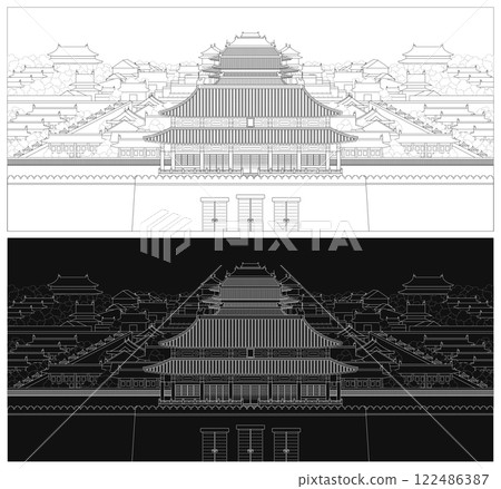 Layered editable vector illustration outline of the Forbidden City in Beijing, China. Layered editable vector illustration outline of the Forbidden City in Beijing, China. 122486387