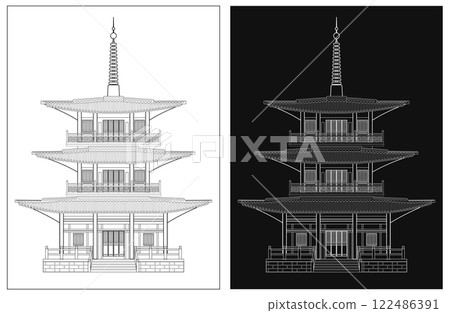 Layered editable vector illustration outline of Japanese traditional pagoda. Layered editable vector illustration outline of Japanese traditional pagoda. 122486391
