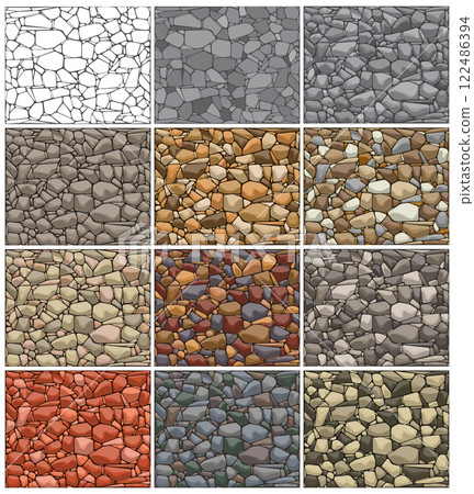 Layered editable vector illustration of different stone wall patterns. 122486394