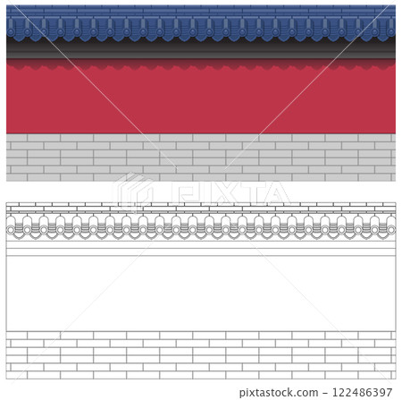 Layered editable vector illustration of chinese traditional ancient brick wall style with beautiful blue glazed tiles and red color. 122486397