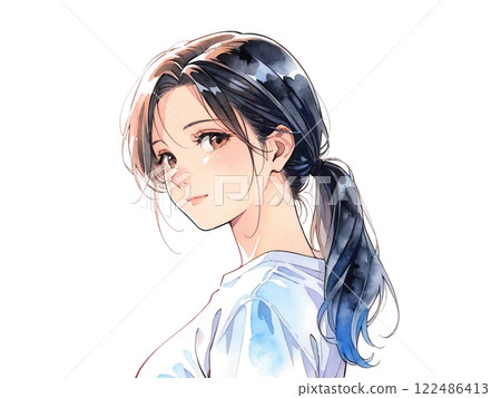 Watercolor illustration of a woman with a ponytail 122486413