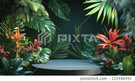 Minimalist podium surrounded by lush tropical greenery, perfect for product display or branding mockups 122486491