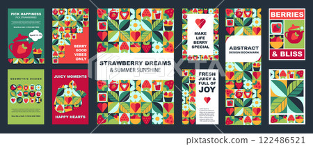 Set of Banners and Posters with Strawberry Pattern in modern geometric design, vector illustration Set of Banners and Posters with Strawberry Pattern in modern geometric design, vector illustration 122486521