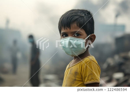 Child Wearing Protective Mask in Urban Environment Facing Air Pollution Challenges Child Wearing Protective Mask in Urban Environment Facing Air Pollution Challenges 122486594
