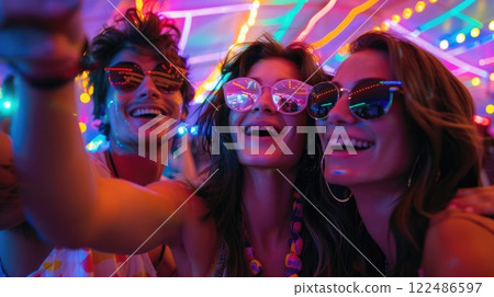 Vibrant Friendship: Friends Capturing Moments at Colorful Music Festival Lights. Vibrant Friendship: Friends Capturing Moments at Colorful Music Festival Lights. 122486597