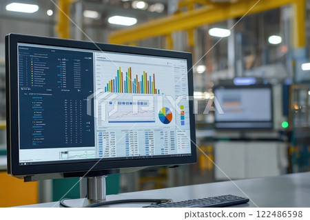 A computer monitor displays a graph with a pie chart and a bar graph A computer monitor displays a graph with a pie chart and a bar graph 122486598