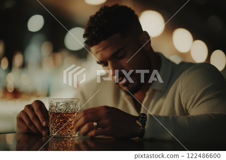 Man Sitting at Bar Counter with Glass in Hand 122486600
