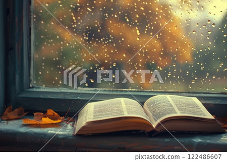 A book is open on a window sill with raindrops on the glass A book is open on a window sill with raindrops on the glass 122486607