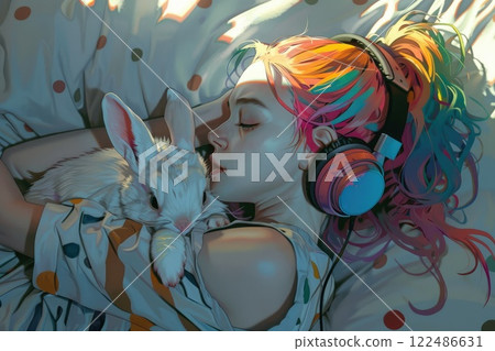 Teenage girl with colorful hair and pet rabbit enjoying music in cozy bedroom setting, Tranquil Harmony 122486631