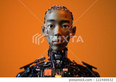 Realistic humanoid robot with circuit details showcasing advanced technology, blending human features and artificial intelligence against orange backdrop 122486632