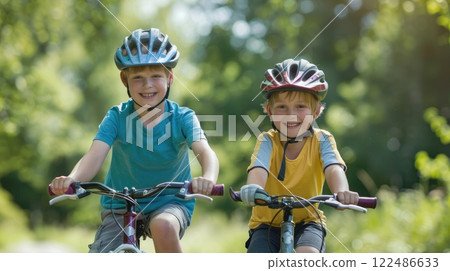 Childhood bonds, Two kids on bicycles riding together under the sun with space for text above 122486633